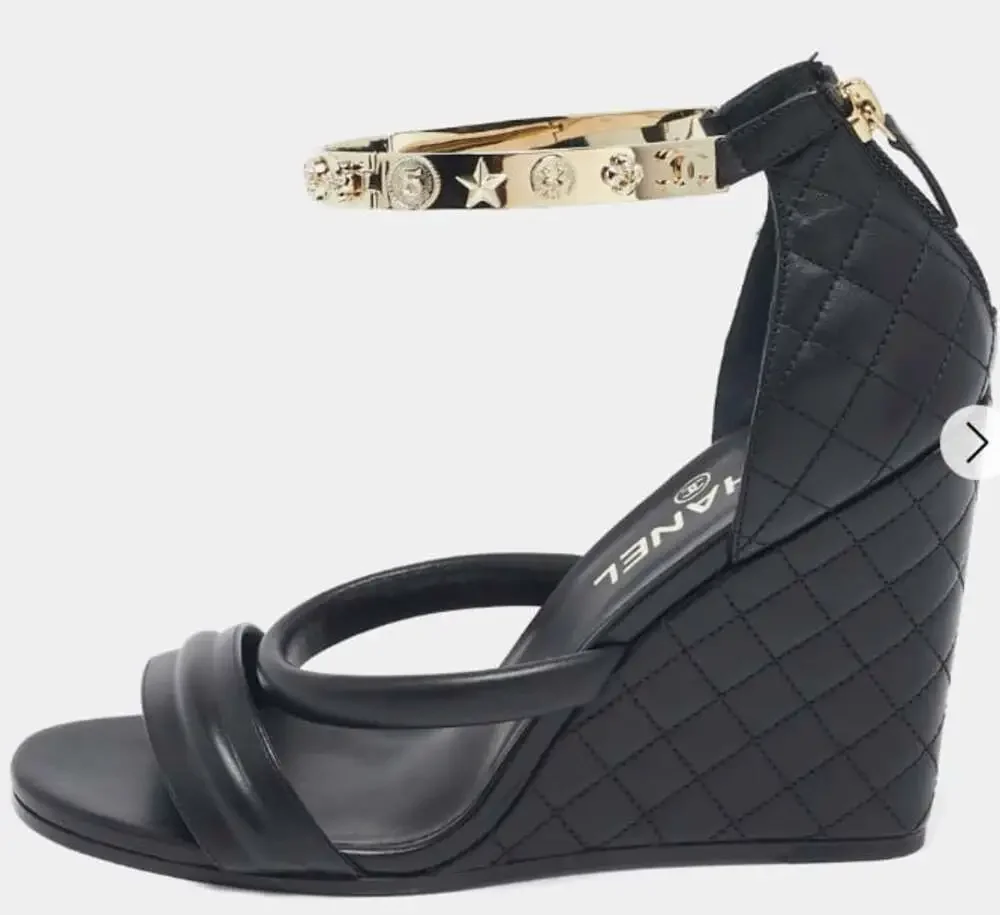 Chanel Black Leather Charm Embellished Ankle Cuff Wedge Sandals Size 40